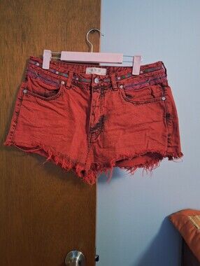 We The Free Sun Break Red Distressed Embroidered Denim Shorts Women Size 29